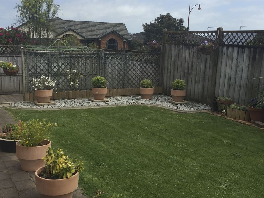Tidy back lawn with clipped potted shrubs and a stone garden border in Waihi