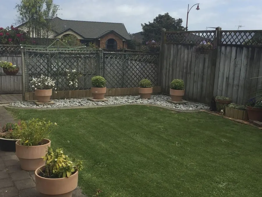 Tidy back lawn with clipped potted shrubs and a stone garden border in Waihi